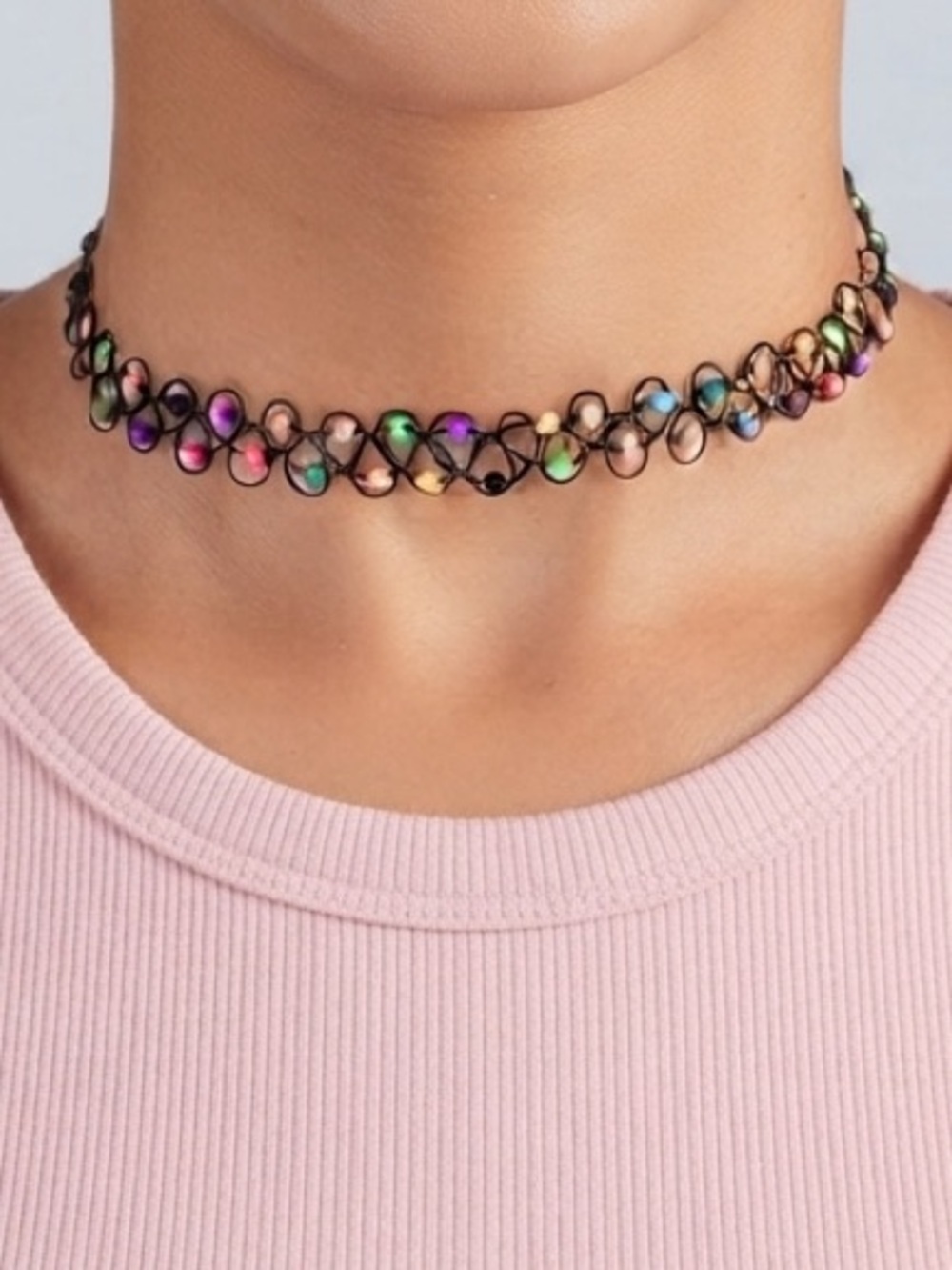90s Retro Vibe Elastic Black Choker Beaded Colorful Necklace